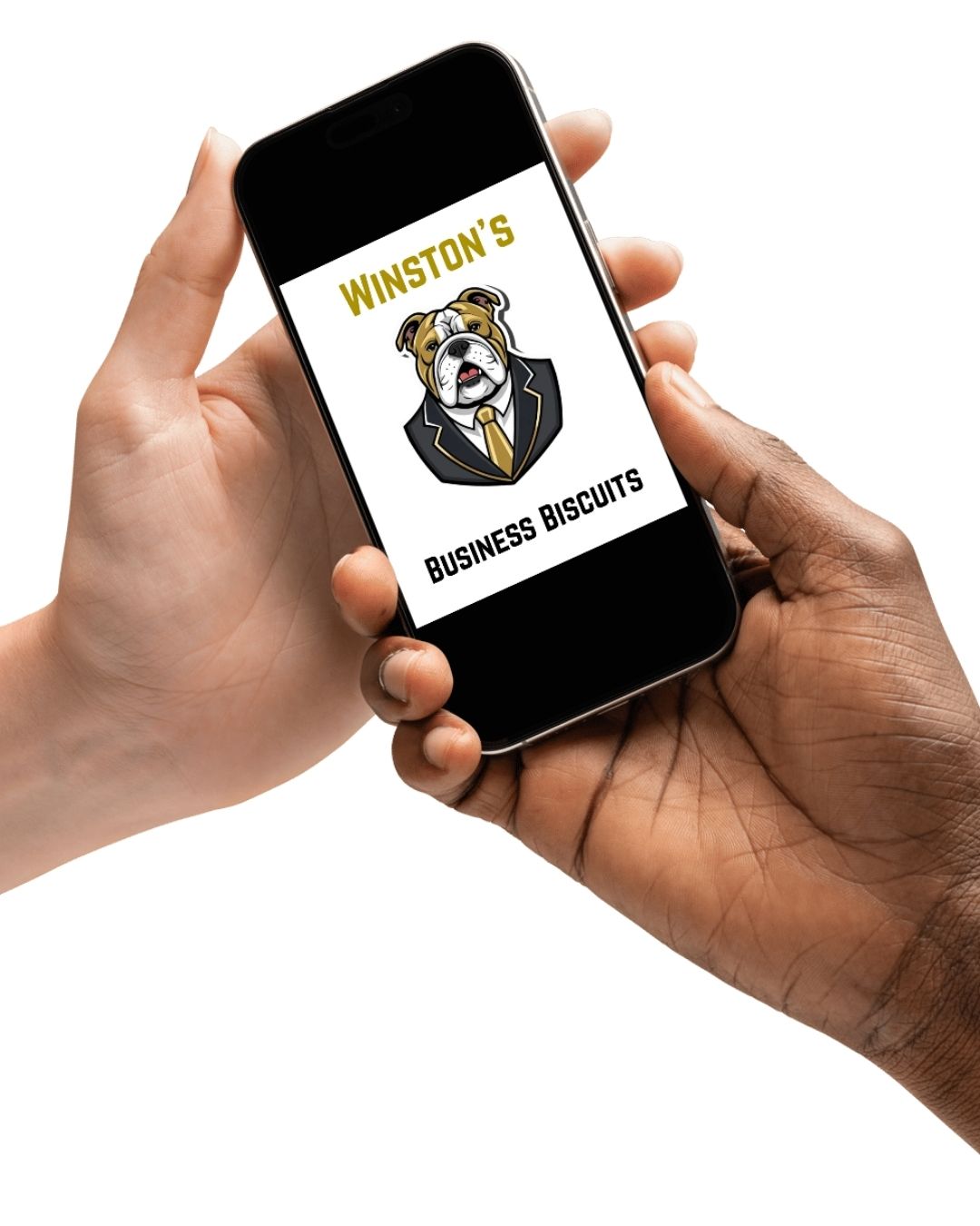 A hand holding a phone showing Winston's Business Biscuits